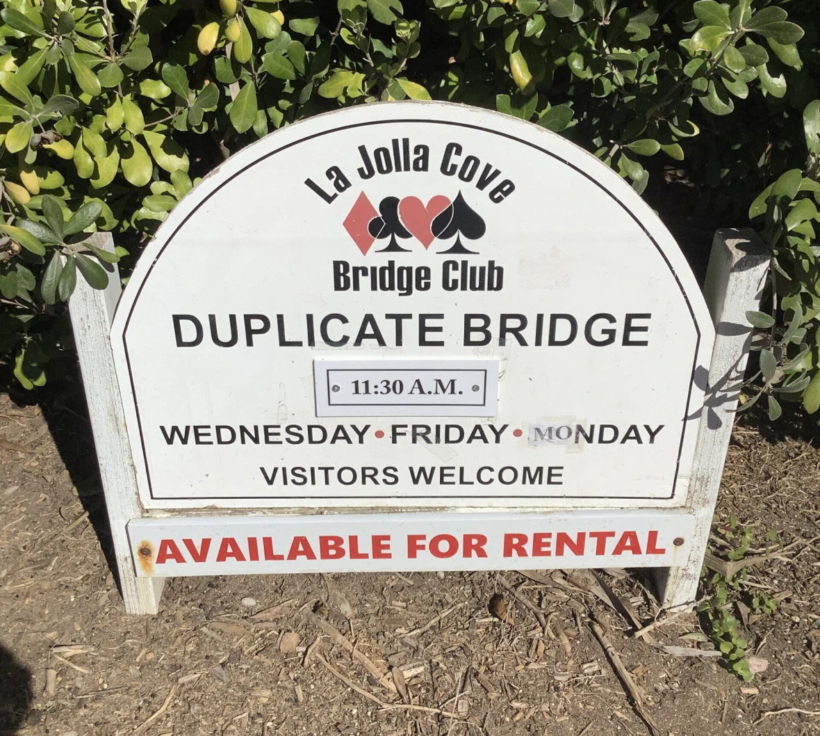 Bridge club sign in garden