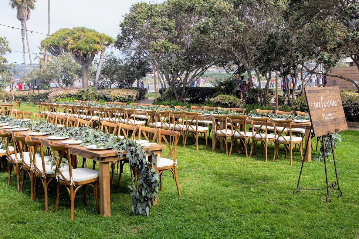 Rustic wooden tables and chairs outdoors