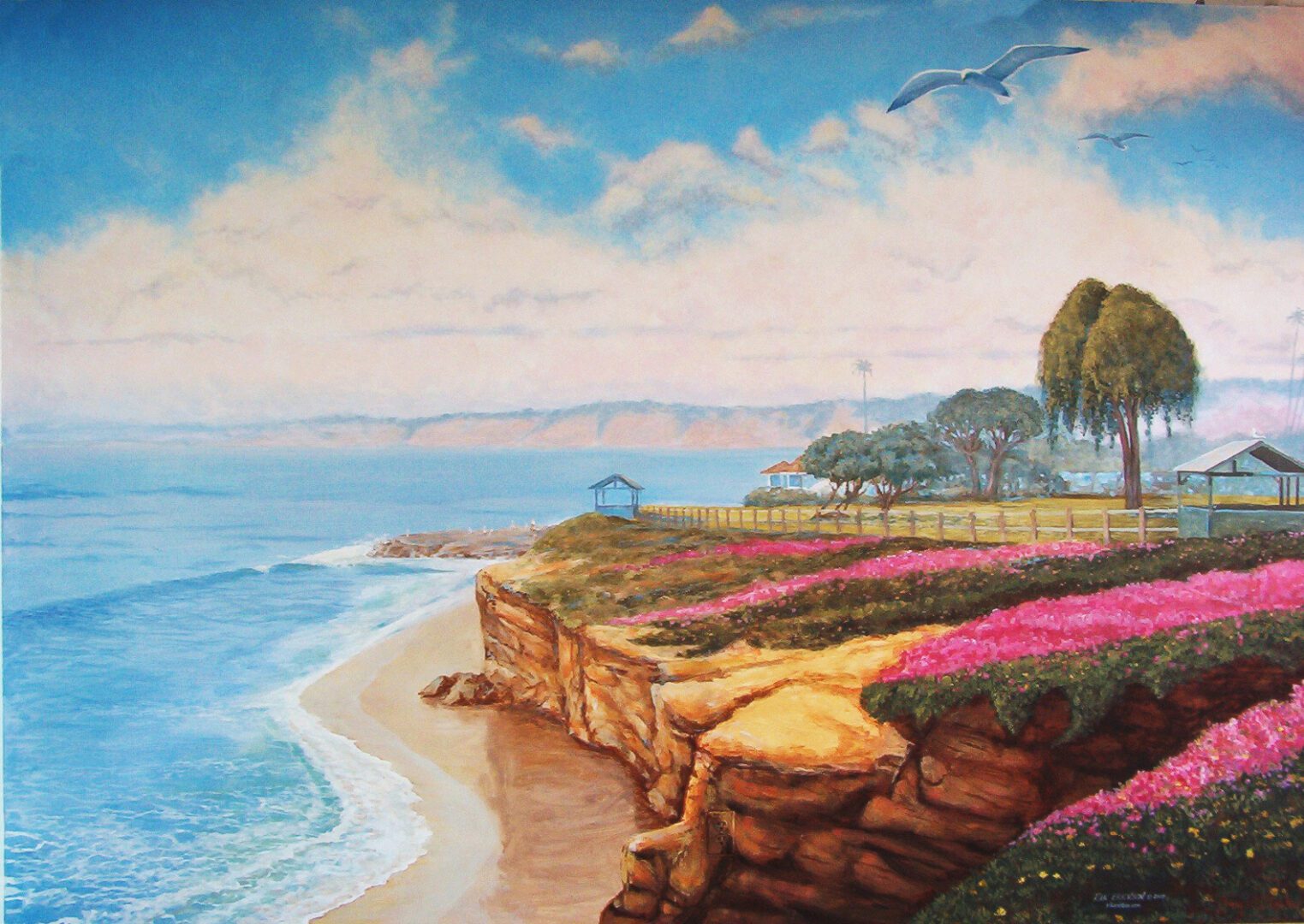 Scenic seaside landscape with vibrant flowers