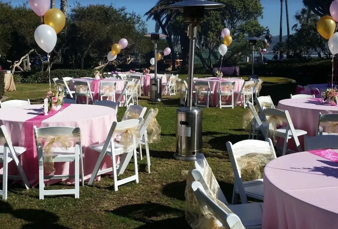 Elegant garden party setup with balloons