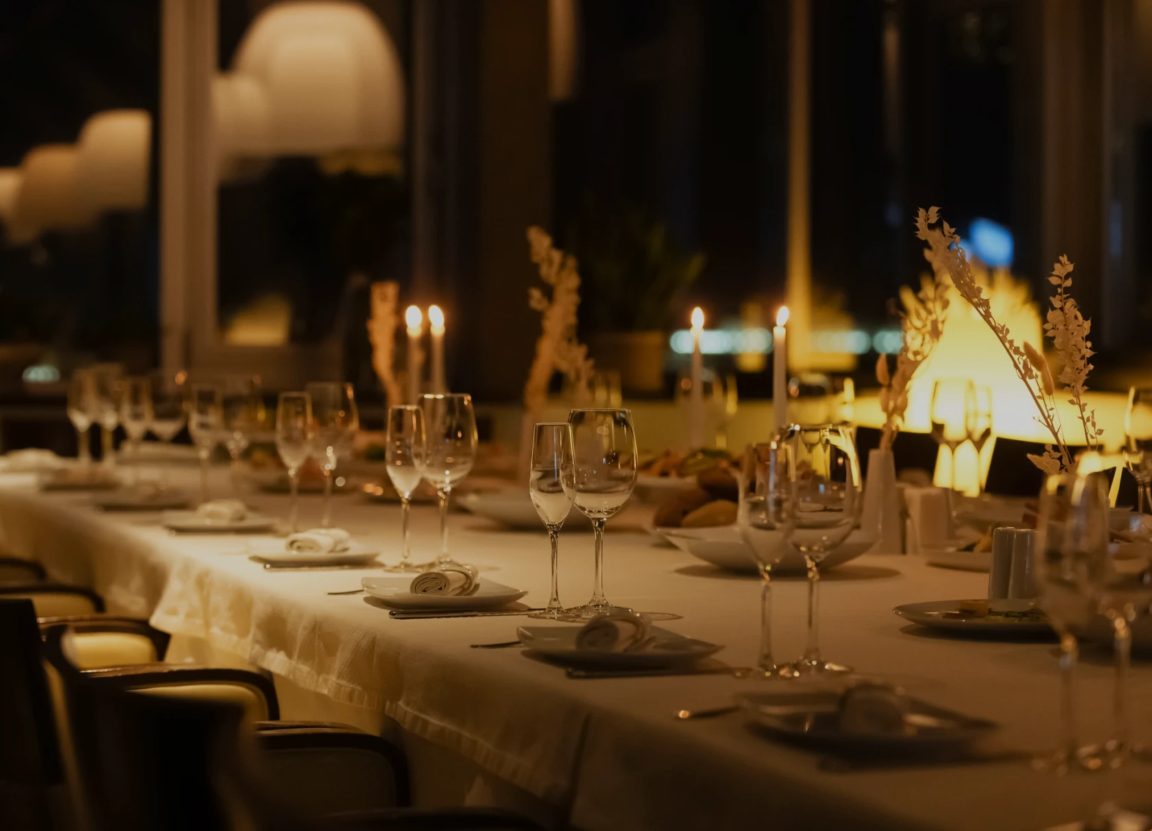 Formal dining table with glassware