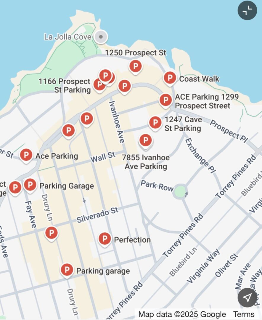 Map showing various parking locations in a city area near Prospect Street and 1855 Franklin Ave.
