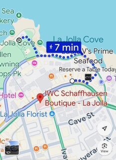 Map showing route from Hotel P to IWC Schaffhausen Boutique, La Jolla.