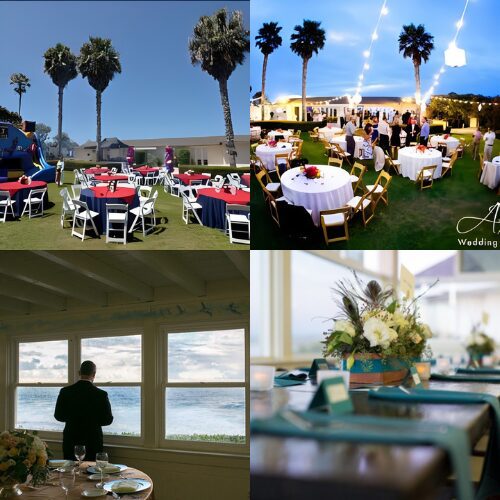 Elegant outdoor event with guests dining under palm trees and indoor preparations.